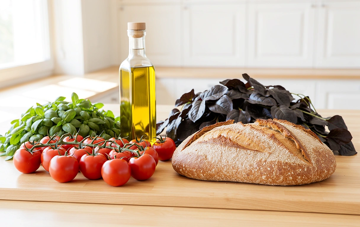 Ingredienti freschi su un piano di lavoro luminoso